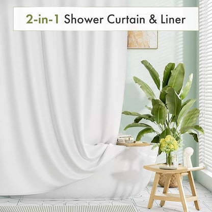 White Shower Curtain Liner 72x74 Inches, Fabric Shower Liner Cloth with Weighted Stones, Washable Shower Curtain and Liner 2-in-1, 120G Heavy Duty, 12 Grommet Holes