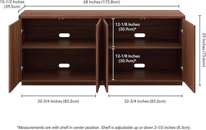 Henn&Hart 68" Fluted Sideboard Buffet Cabinet, Ribbed Modern Wooden Credenza with 4 Doors, Adjustable Shelves, and Cable Management Cut-Outs for Dining Room, Kitchen, or Living Room, Medium Walnut