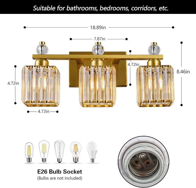 Bathroom Vanity Lights 3-Light Modern Crystal Vanity Light Gold Bathroom Light Fixtures Over Mirror Crystal Bathroom Vanity Lighting Fixtures