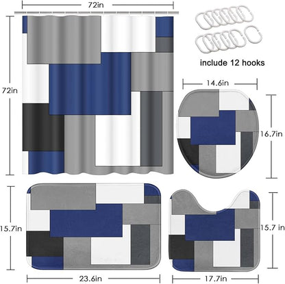 Bathroom Sets with Shower Curtain and Rugs, 4 Pcs, Geometric Navy | Abstract Checkered Modern Bathroom Decor Set with Toilet Lid Cover, Non-Slip Bath Mats and Accessories 12 Hooks