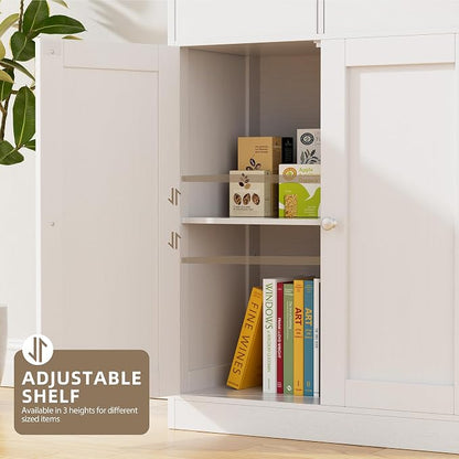 Walsunny Floor Storage Cabinet, Organizer with Doors and Drawers, Freestanding Side Cupboard Pantry with Adjustable Shelf for Bathroom/Living Room, White
