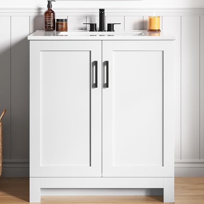 LIKIMIO 30" Bathroom Vanity with Sink, 2 Soft-Close Doors, White | Freestanding Bathroom Vanity, Integrated Ceramic Sink, Modern Bathroom Storage Cabinet for Small Bathroom, Easy Assembly