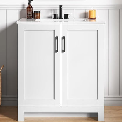 LIKIMIO 30" Bathroom Vanity with Sink, 2 Soft-Close Doors, White | Freestanding Bathroom Vanity, Integrated Ceramic Sink, Modern Bathroom Storage Cabinet for Small Bathroom, Easy Assembly