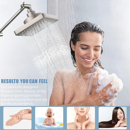 High Pressure Rain Shower Head with Filtered - 6" Square Showerhead Filter for Remove Chlorine and Harmful Substances, Improve Hair and Skin Problems, Brushed Nickel