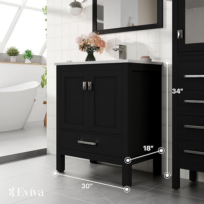 Eviva London 30 Inch Espresso Bathroom Vanity with Carrara Quartz Top