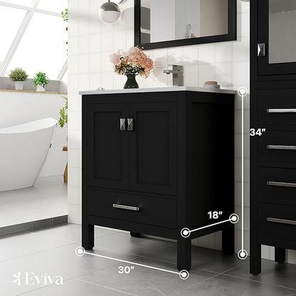 Eviva London 30 Inch Espresso Bathroom Vanity with Carrara Quartz Top