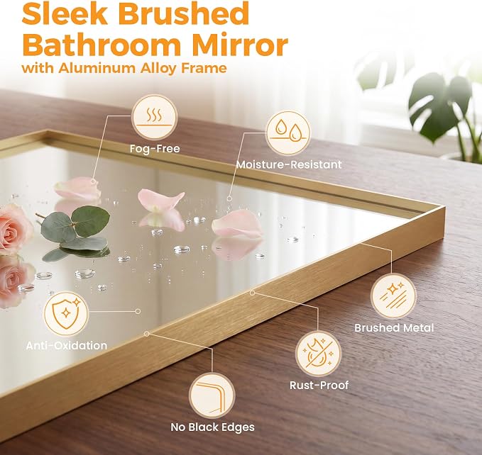 Sweetcrispy Bathroom Mirrors for Over Sink, 30" x 36" Rectangle Wall Mirror | Tempered Glass, Anti-Rust Metal Frame, Over Sink Home Decor, Modern Rectangle Style, Gold
