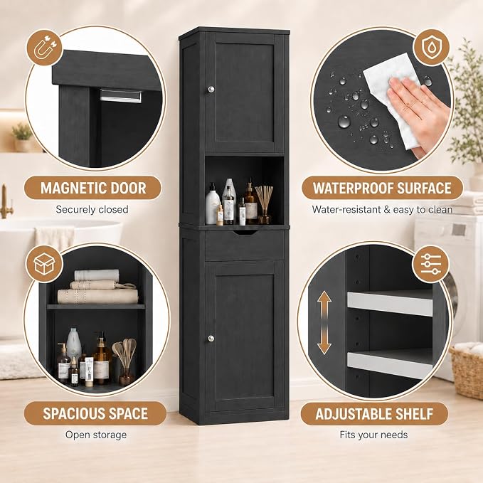 Walsunny Tall Bathroom Storage Cabinet with 6 Adjustable Shelves, Black | Anti-Tip Safety, Waterproof MDF, 2 Doors + 1 Drawer, Easy Assembly, for Bathroom/Living Room/Kitchen