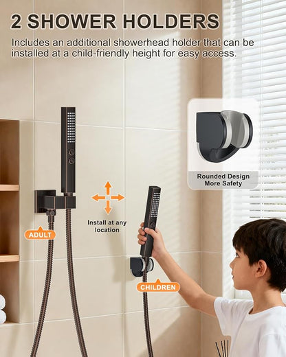 Oil Rubbed Bronze Shower System with Tub Spout, Wall Mounted Bathtub Faucet Set, 12" Rainfall Shower Head and Handheld Shower Combo, High Pressure Shower Fixtures Set with Rough-in Valve