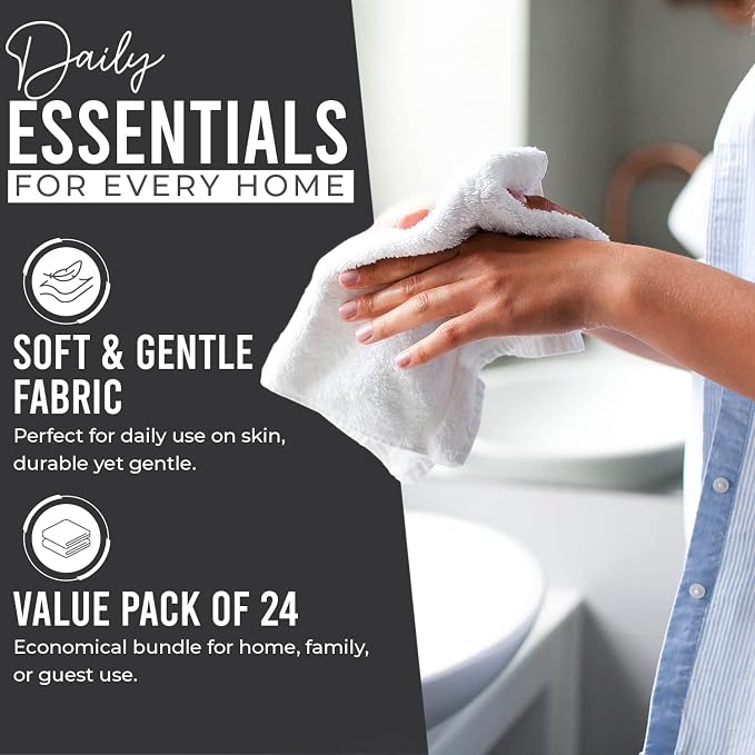 DAN RIVER 24 Pack Cotton Wash Cloths Set for Showering [12x12] Charcoal | Lighter Weight, Quick to Dry, Super Soft & Absorbent Face Towels, Hotel Quality, Perfect for Bathroom, Gym, Spa