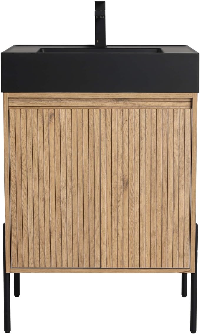 Crownpoint 24 Inch Bathroom Vanity with Sink, Black Sink, Bright Oak Finish, Full Assembly Required, Elegant Bathroom Vanities for Modern Homes