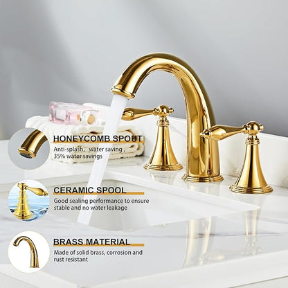 SaniteModar Polished Gold Bathroom Sink Faucet, Brass Widespread Faucet, 3 Hole, 2 Handles with Water Supply Lines and Pop-up Drain
