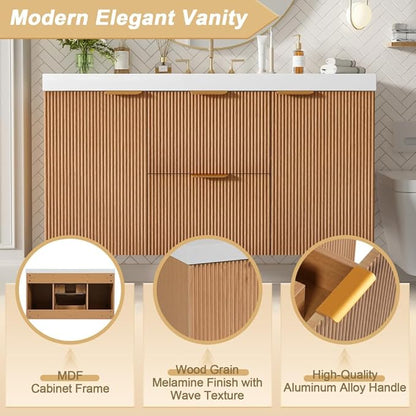 42 Inch Floating Bathroom Vanity with Thick SMC Countertop Single Sink, Wall Mounted Bathroom Vanities Wood Grain Vanity for Bathrooms with 2 Soft-Close Doors 2 Fluted Drawers, Easy Assembly (Wood)