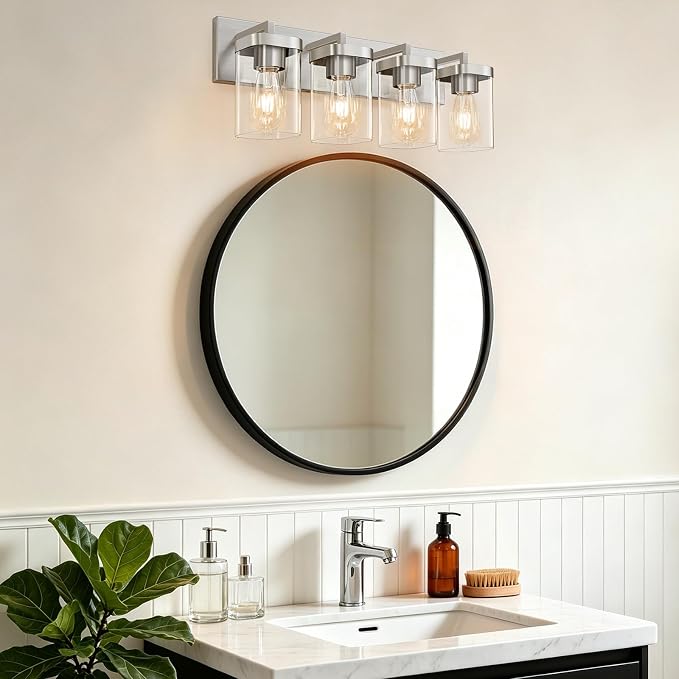 4-Light Bathroom Lighting Fixtures over Mirror, Brushed Nickel Vanity Lights with Square Transparent Glass Shade. Modern Bathroom Vanity Light for Mirror Kitchen, Living Room, Gallery, Hallway
