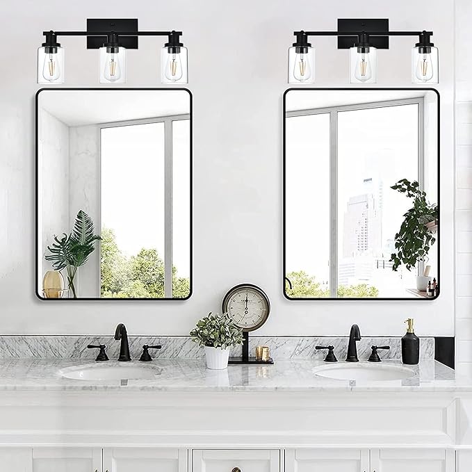 MELUCEE 3 Light Bathroom Vanity Light Black Track Lighting Fixtures Ceiling, Vanity Lighting Fixtures with Rotatable Track Head for Hallway Porch Foyer Bath Storage, Clear Glass Shade