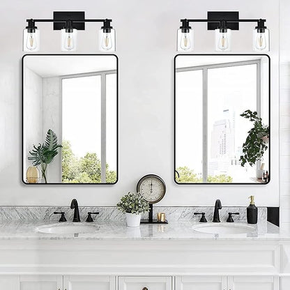 MELUCEE 3 Light Bathroom Vanity Light Black Track Lighting Fixtures Ceiling, Vanity Lighting Fixtures with Rotatable Track Head for Hallway Porch Foyer Bath Storage, Clear Glass Shade