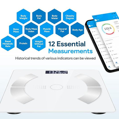 Digital Smart Scale for Body Weight and Body Composition – BMI, Body Fat, Muscle Mass Reading, Bluetooth Sync with Compatible Apps, Personal Use at Home【White】