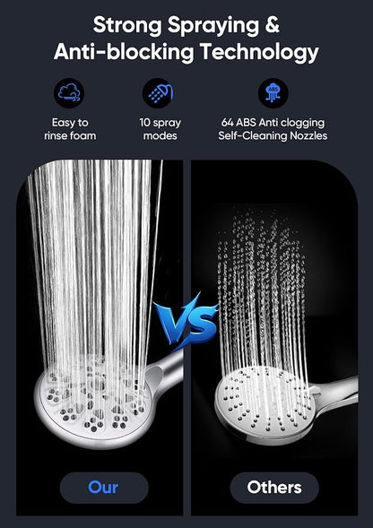 Shower Head with Handheld High Pressure, Rain Shower Head with Fixed Showerhead and 9 Sprays Handheld Shower, Detachable 2-IN-1 Shower head with 59" Rotatable Stainless Steel Hose (Chrome)