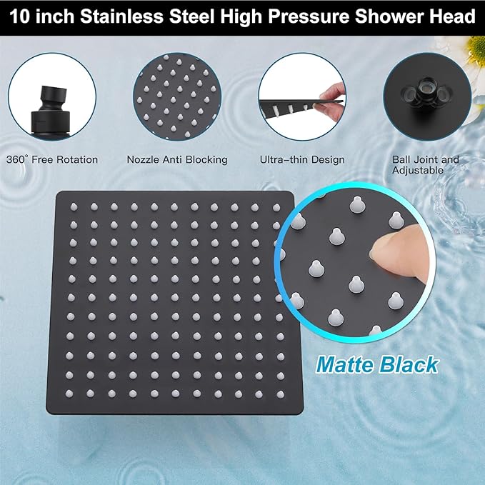 Midanya Shower Faucet Set,Wall Mount Shower System with Square Rain Shower Head and Hand Sprayer, Rough-in Valve Body and Trim Kit Included,10 Inch,Matte Black