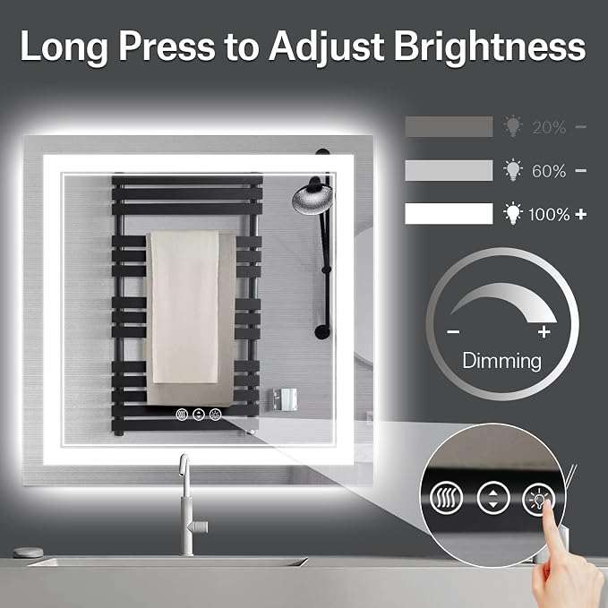 36x36 Inch LED Mirror for Bathroom | Front and Backlit, 3 Colors, Dimmable, Memory, Anti Fog, Shatterproof, Horizontal/Vertical, Lighted Mirrors for Bathroom Wall