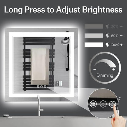36x36 Inch LED Mirror for Bathroom | Front and Backlit, 3 Colors, Dimmable, Memory, Anti Fog, Shatterproof, Horizontal/Vertical, Lighted Mirrors for Bathroom Wall
