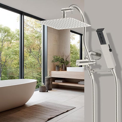 Hibbent All Metal cUPC Certified Shower Head, 10'' High Pressure Rainfall Showerhead Combo, Handheld Shower Wand, 12'' Adjustable Extension Arm, 4-Spray, 71'' Hose, Shower Holder, Brushed Nickel