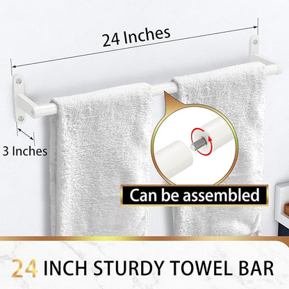 White 24 Inch Bathroom Towel Bar, Towel Racks for Bathroom Wall Mounted Hanging Bath Towels, Stainless Steel Single Towel Rod Holder