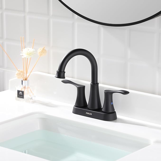 PARLOS 2-Handle Bathroom Sink Faucet High Arc Swivel Spout with Metal Drain Assembly and Faucet Supply Lines, Matte Black, Demeter 14134