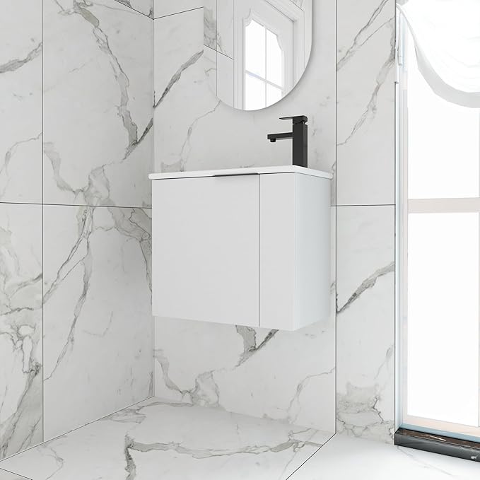 22" Floating Bathroom Vanity with Sink,22 Inch Wall Mounted for Small Bathrooms, Soft-Close Door Cabinet with White Ceramic Basin & Waterproof Plywood, Modern Space Saving Vanity, White