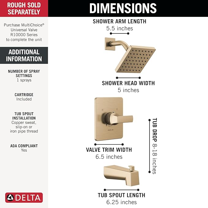 Delta Faucet Velum 14 Series Single-Function Gold Tub and Shower Faucet Set, Valve Trim Kit, Shower Handle, Delta Shower Trim Kit, Shower Set, Champagne Bronze T14437-CZ (Valve Not Included)