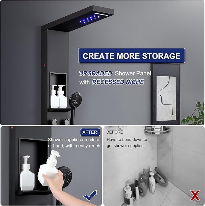 ROVATE LED Shower Panel Tower with Shelf & 6 Adjustable Jets, Matte Black | Stainless Steel Rainfall Waterfall Shower Column with 6 Angle Adjustable Body Massage Jets, Self-Cleaning 5-Setting Handheld