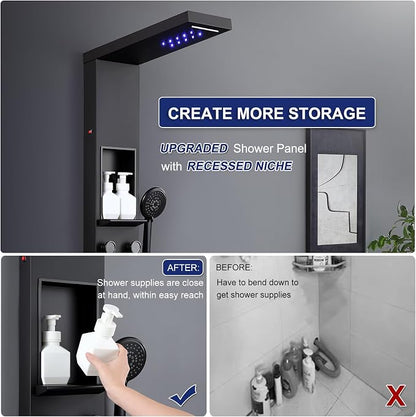 ROVATE LED Shower Panel Tower with Shelf & 6 Adjustable Jets, Matte Black | Stainless Steel Rainfall Waterfall Shower Column with 6 Angle Adjustable Body Massage Jets, Self-Cleaning 5-Setting Handheld
