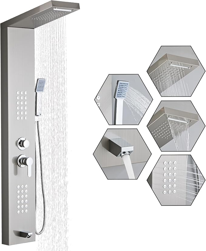 5-in-1 Shower Panel Tower System - Brushed Gray | 304 stainless steel Shower Panel Tower Column with Powerful Body Jets, Rainfall, Waterfall,Handheld and Tub Spout