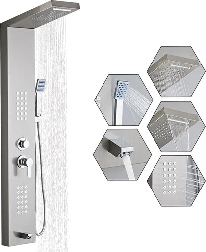 5-in-1 Shower Panel Tower System - Brushed Gray | 304 stainless steel Shower Panel Tower Column with Powerful Body Jets, Rainfall, Waterfall,Handheld and Tub Spout