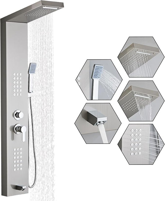 5-in-1 Shower Panel Tower System - Brushed Gray | 304 stainless steel Shower Panel Tower Column with Powerful Body Jets, Rainfall, Waterfall,Handheld and Tub Spout