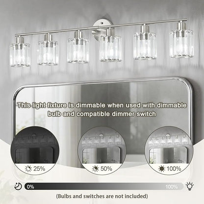 Crystal Bathroom Light Fixtures,Bathroom Lighting Fixtures Over Mirror, Modern 6-Light Brushed Nickel Vanity Lights for Mirror, Restroom,Kitchen(Ceramic E26 Socket,Bulbs Not Include)