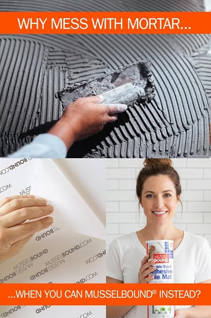 MusselBound® Adhesive Tile Mat with Spacers - a Strong Double-Sided Adhesive that Replaces Messy Mortar. Clean, Easy, No-Stress Way to Install Real Wall Tile. Lower Total Cost Than Peel & Stick Tiles