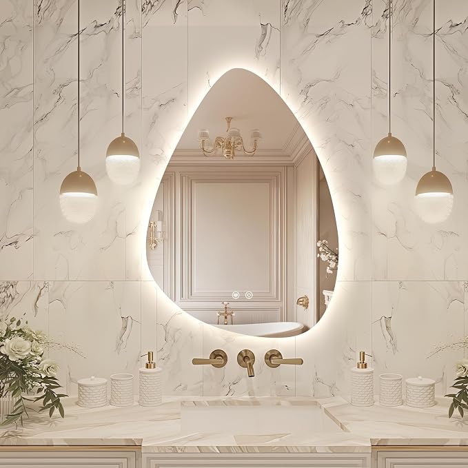 Niccy Irregular LED Bathroom Mirror, Frameless Backlit Wall Mirror, 20"x28" | Asymmetrica Lighted Mirror for Bedroom Living Room, Modern Smart-Mirror with 3 Color Lighting, Anti-Fog, Memory Function