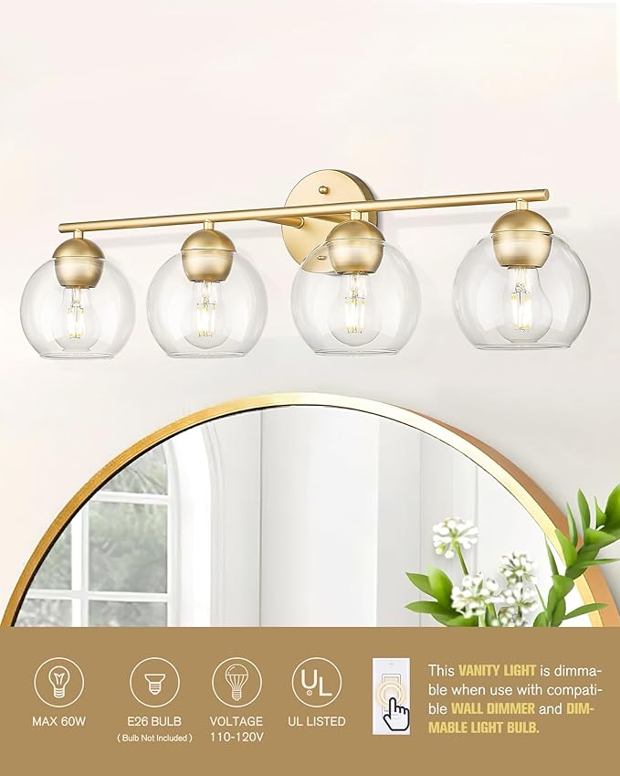 Emak Gold Vanity Lights, Modern Globe Bathroom Light Fixtures, 29 Inch 4-Light Bathroom Vanity Light with Clear Glass Shade for Bath, VL114-GD-4