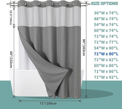 eachope No Hook Waffle Shower Curtain with Snap-in Liner, 71x80 Inch, Grey | 230 GSM waffle weave fabric, waterproof liner set with 2 bottom magnets, mesh top window, washable, for bathroom or hotel use
