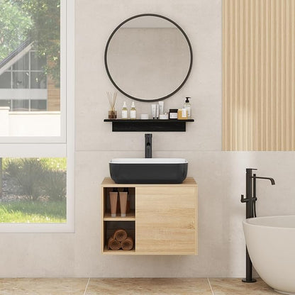 YOURLITE 24" Floating Bathroom Vanity with Sink, Wall-Mounted Bathroom Vanity and Sink Combo with Mirror and Faucet & Pop Up Drain Set, Black and White Ceremic Sink