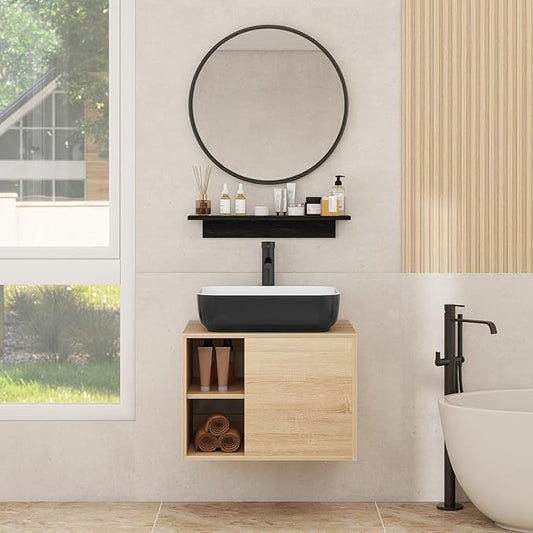 YOURLITE 24" Floating Bathroom Vanity with Sink, Wall-Mounted Bathroom Vanity and Sink Combo with Mirror and Faucet & Pop Up Drain Set, Black and White Ceremic Sink