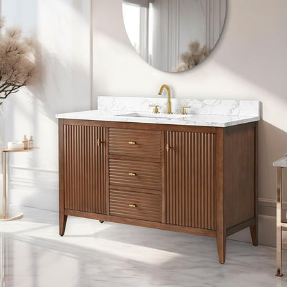 Vanity Art 48 inch Bathroom Vanity with Single Sink & Ceramic Top, Vanity Cabinet with Soft-Closing Door, Solid Wood Frame, Linear Pattern, Walnut, Golden Brushed Handware VA9148-Walnut-GB
