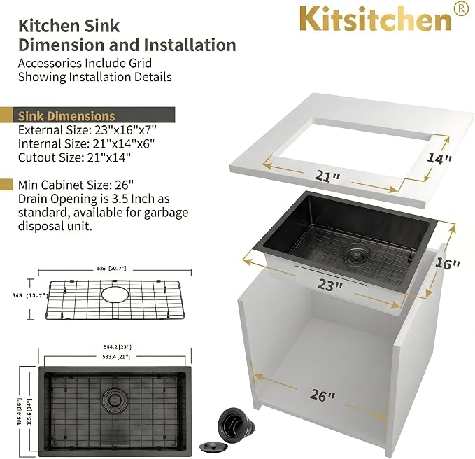 Kitsitchen Black RV Kitchen Sink,16 Guage T304 Stainless Steel Undermount Kitchen Sinks with Strainer & Bottom Gird, 23" x 16" x 7" Single Bowl Drop In Kitchen Sink Used at RV, Outdoor and Bathroom