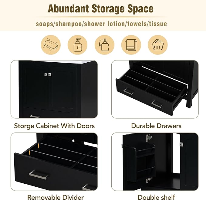 60" Black Bathroom Vanity with Double Sink, 60 Inch Bathroom Vanity Set with Double Vanities (Separate), 2 Bathroom Vanities with Sink, Storage Shelf, and Divided Drawers (Mirror not included)