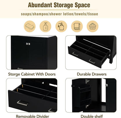LUMISOL 30" Bathroom Vanity with Sink Top, Single Bathroom Sink Cabinet with a Drawer and 2 Doors, Freestanding Storage Vanity with Undermount Ceramic Basin, Black
