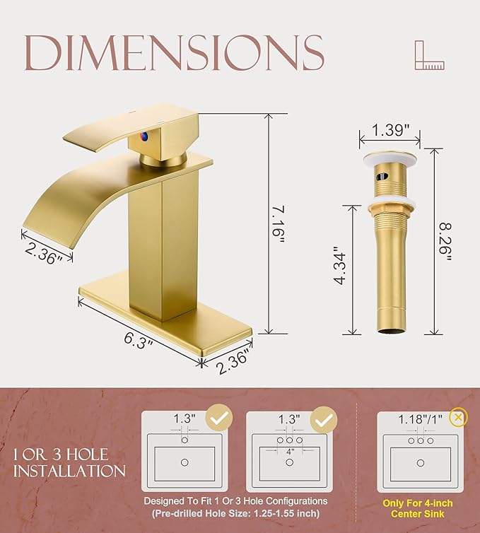 Gold Bathroom Faucet, Modern Single Hole Waterfall Spout Sink Faucet, Brushed Gold With Drain Assembly and Hose