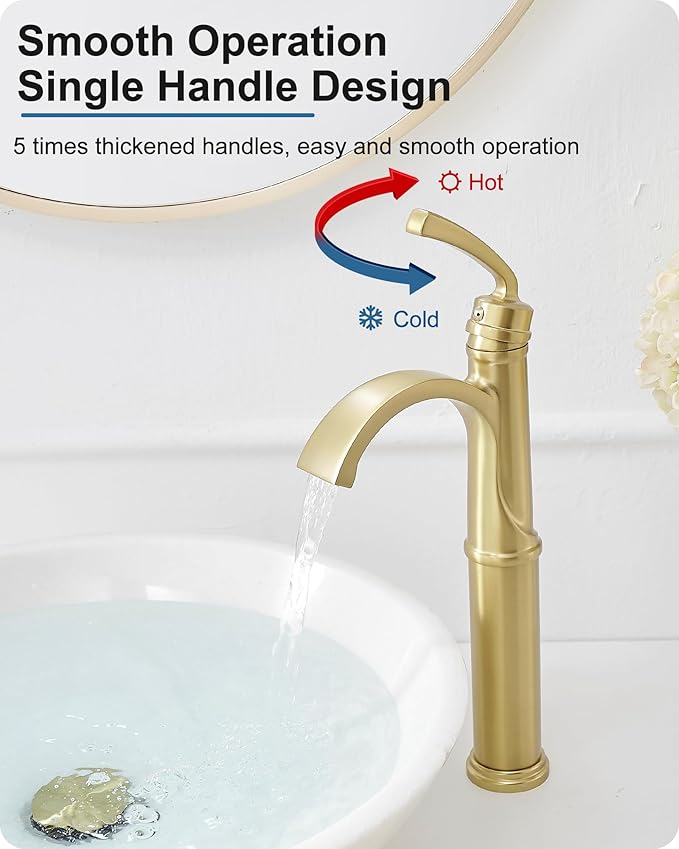 Tall Vessel Sink Faucet, Brass Waterfall Bathroom Sink Faucet Single Handle, Gold Bathroom Faucet 1 Hole, Tall Bathroom Faucets with Pop-Up Drain Water Supply Hoses