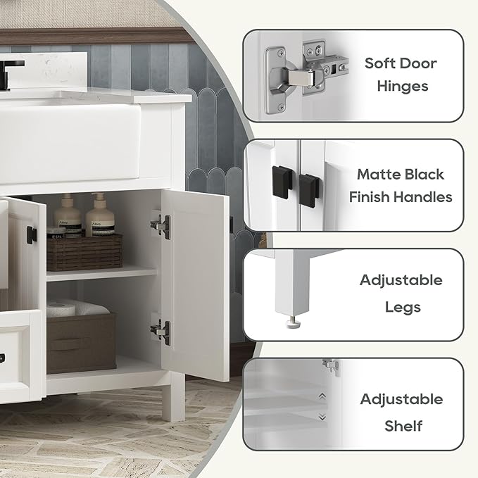 60 Inch Bathroom Vanity with Double Sink, Farmhouse Bathroom Vanity Cabinet with Soft Closing Doors & Dovetail Drawers, Vanity for Bathroom, Adjustable Feets, Apron Farm Sink, White