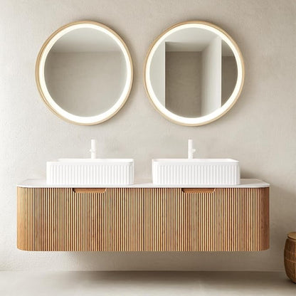 60 Inch Bathroom Vanity with Double Sink, Floating Bathroom Cabinet with White Rectangular Ceramic Basin and Marble Top, 2 Large Soft-Closing Storage Drawers, Pre-Assembled, Nature Wood